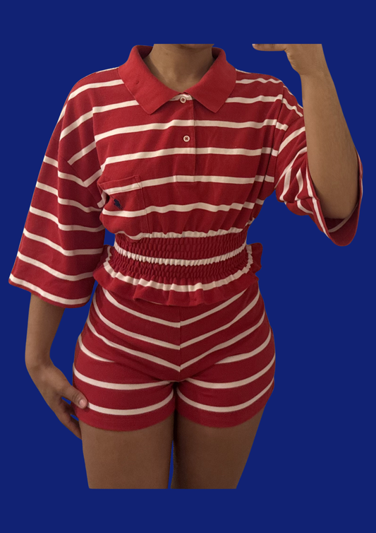 Ensemble rayé rouge blanc top cintré et short Ralph Lauren upcyclé